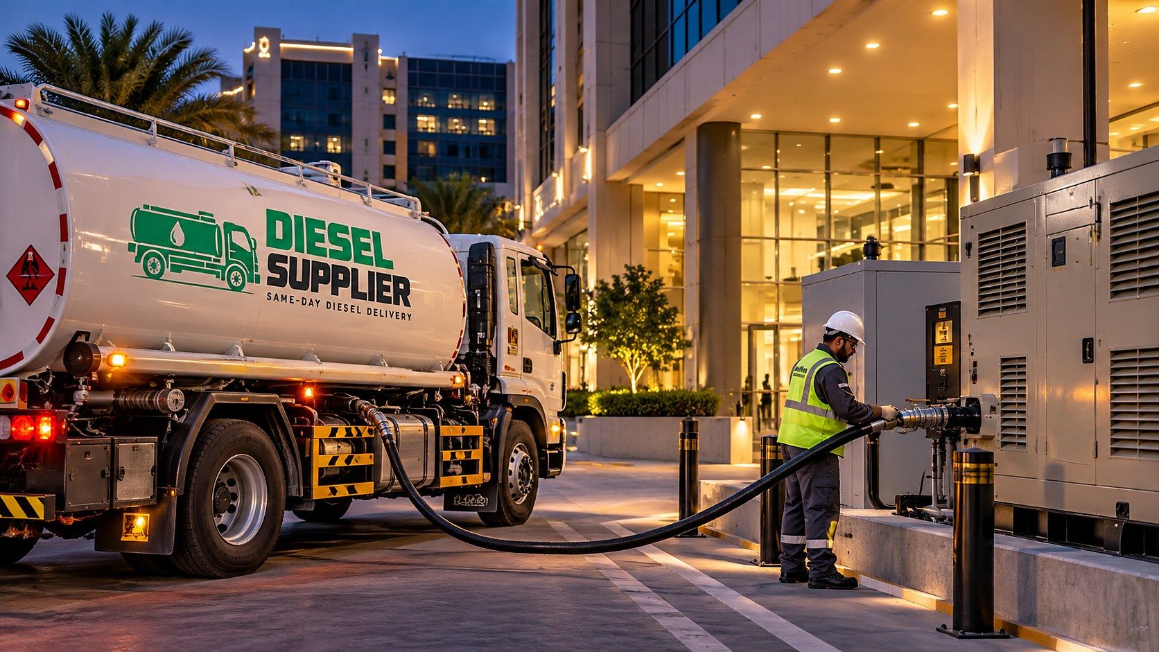 Worker in a safety vest connecting a diesel hose from a tanker truck to a standby generator beside an office building at dusk