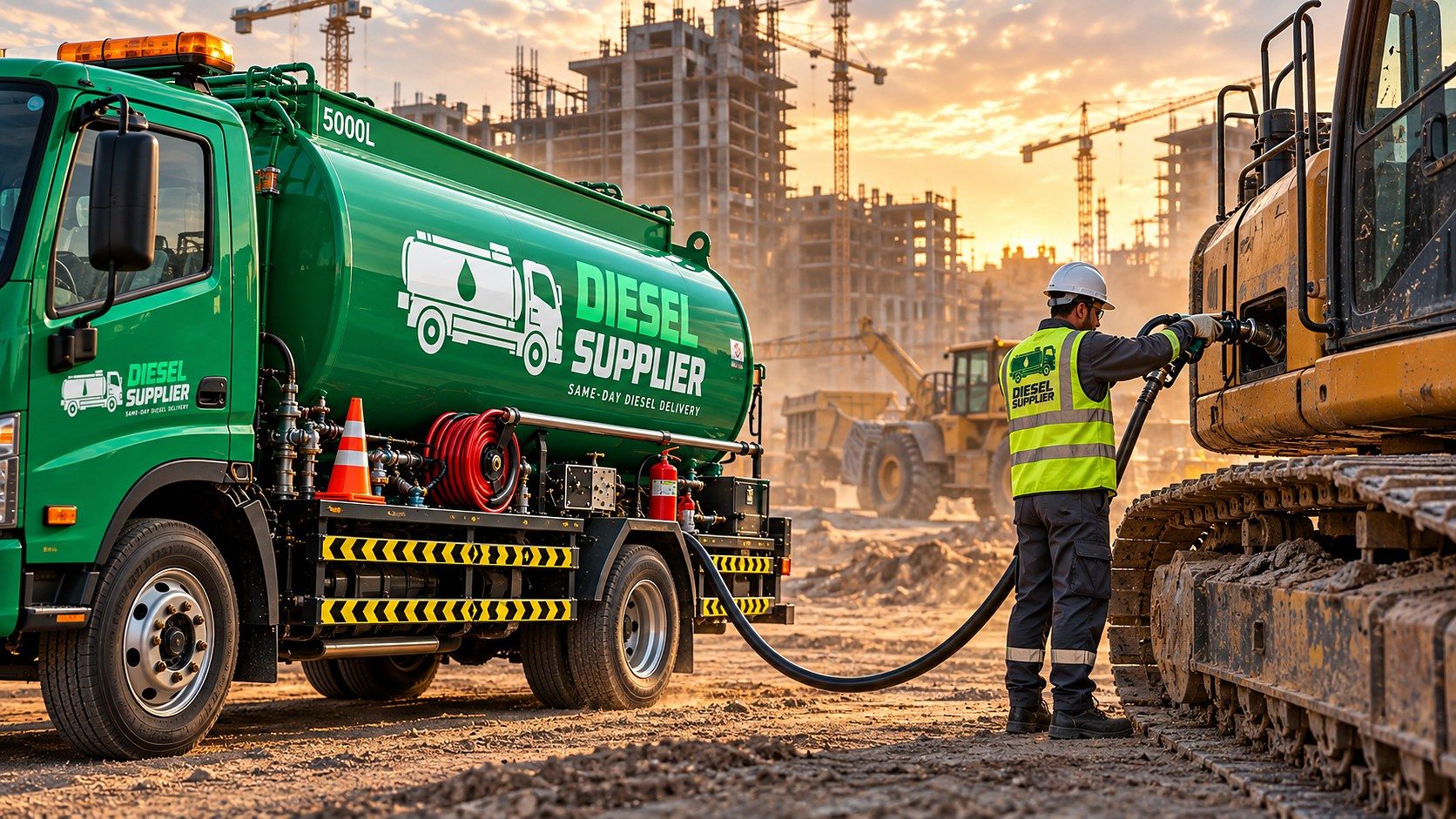 Worker in a safety vest refuelling an excavator from a green Diesel Supplier tanker at a construction site at sunset