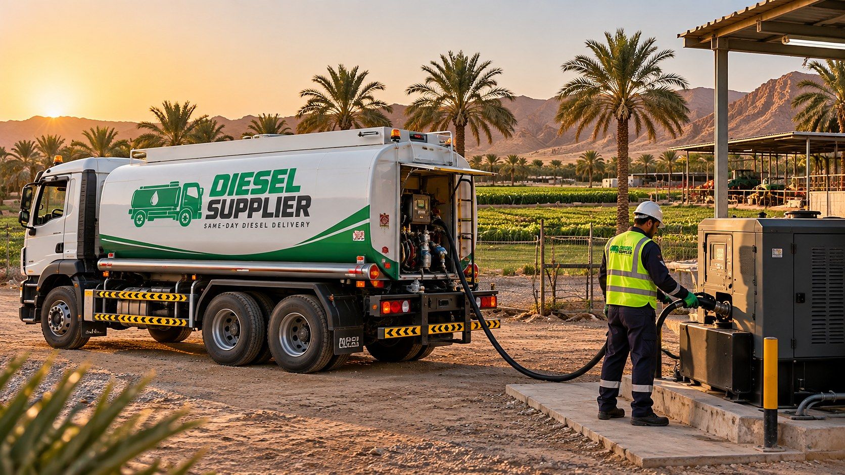 Diesel tanker truck refuelling a generator on a farm with palm trees and mountains at sunset