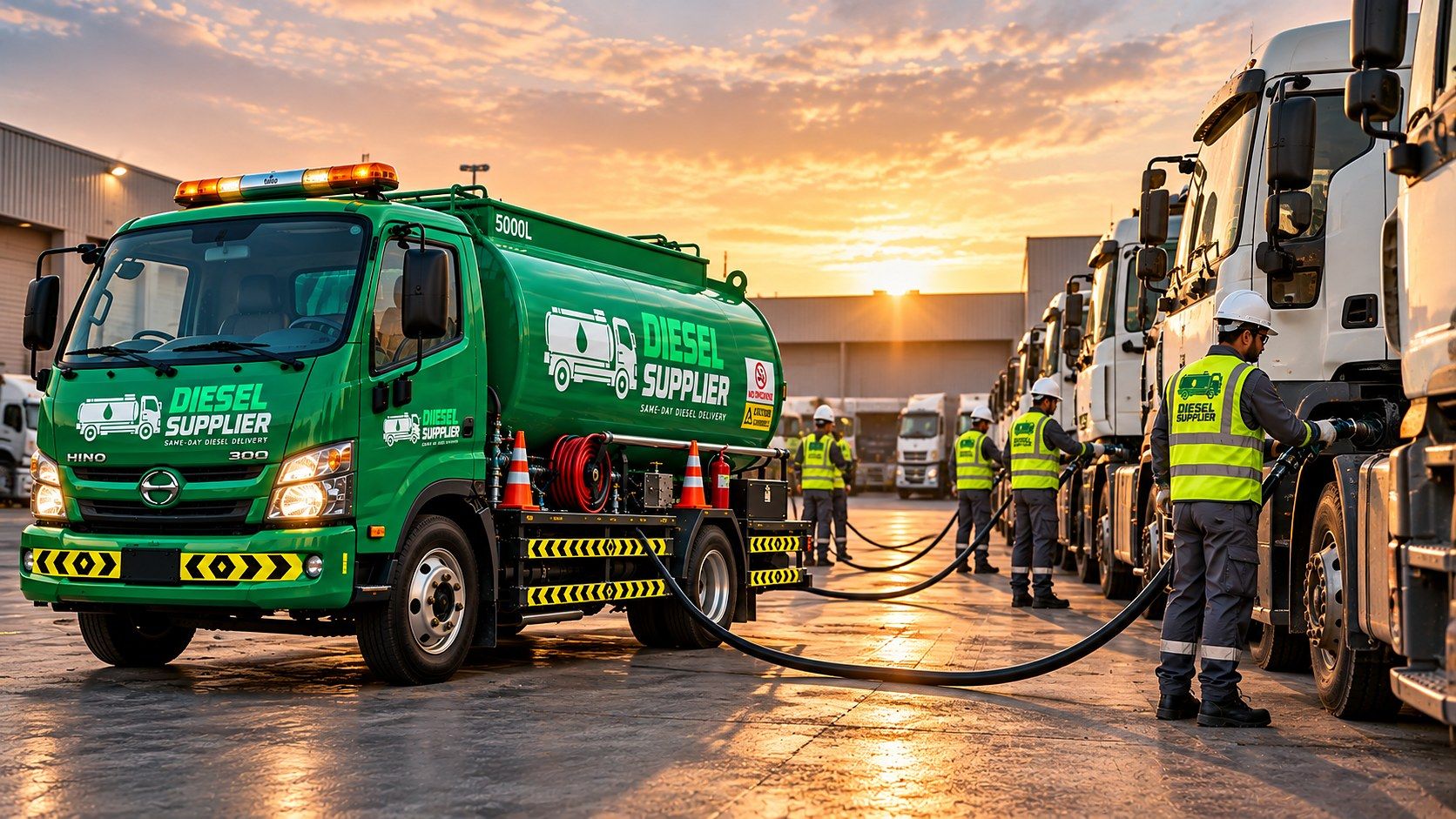 Green Diesel Supplier tanker and workers refuelling a line of parked trucks at a logistics yard at sunset