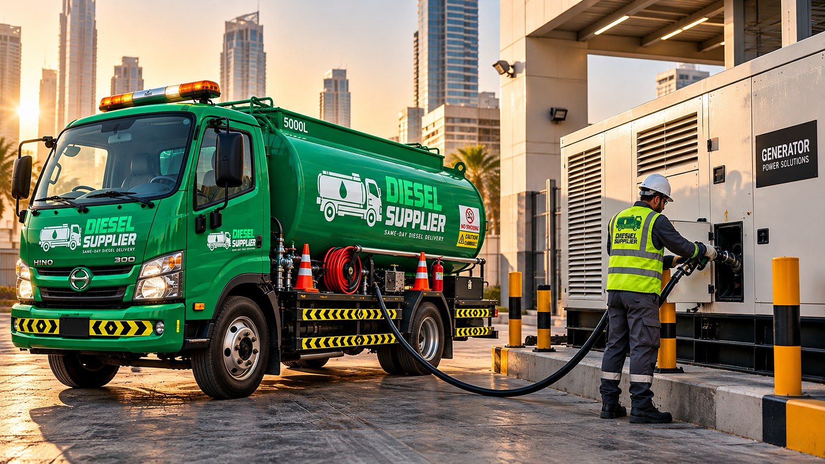 Green Diesel Supplier tanker truck with a worker fuelling a large standby generator beside city towers at sunset