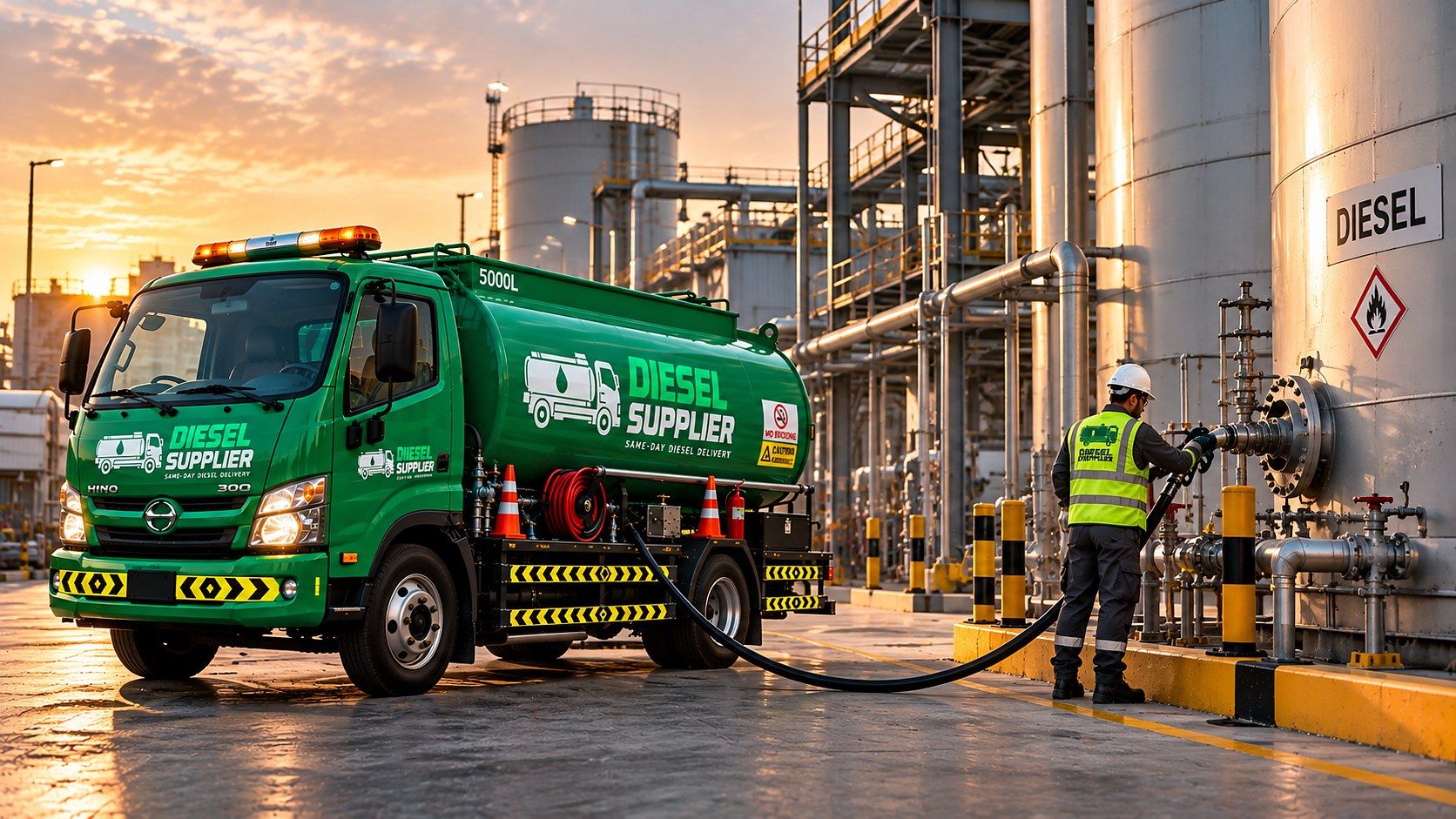 Green Diesel Supplier tanker truck and a worker filling a large diesel storage tank at an industrial plant at sunset