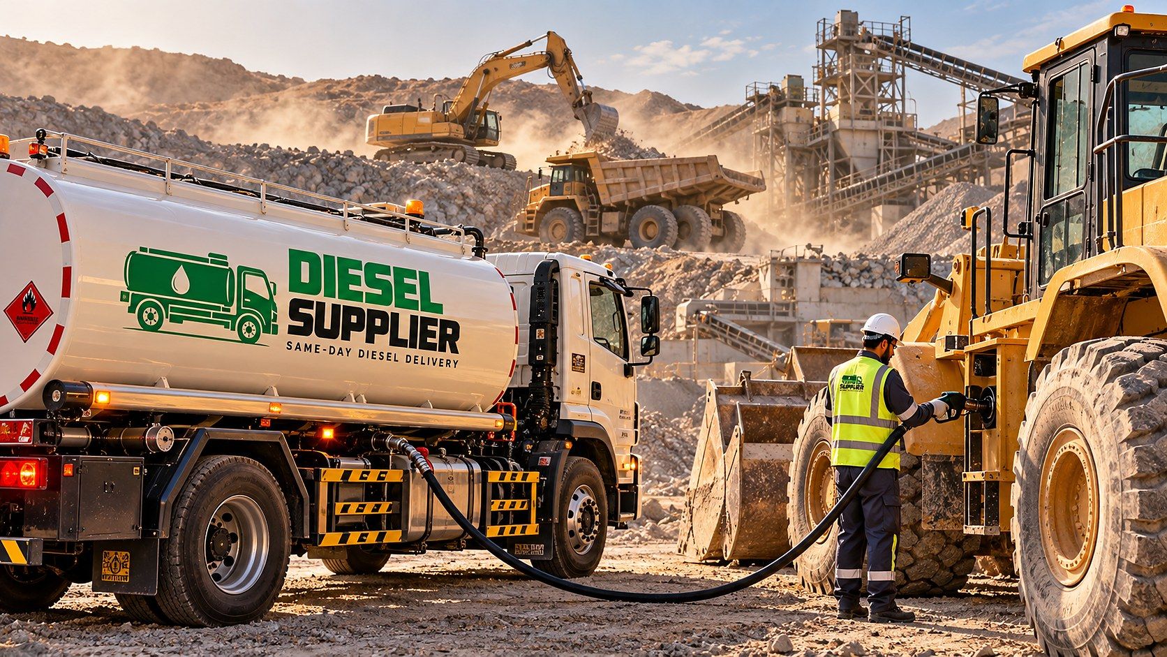 White diesel tanker truck refuelling a wheel loader at a quarry with an excavator and dump truck behind