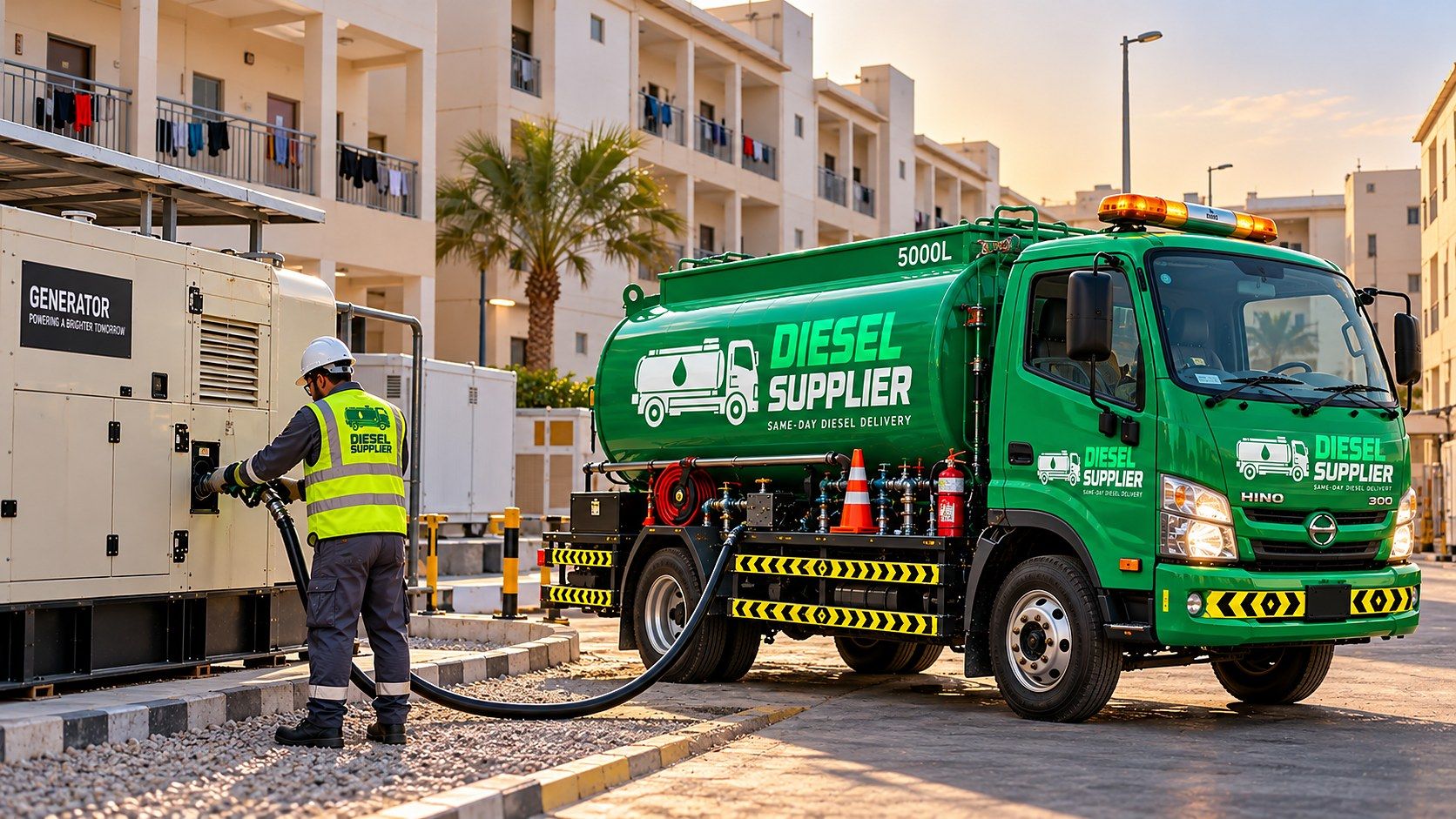 Green Diesel Supplier tanker truck delivering diesel to a generator at a residential compound with apartment buildings