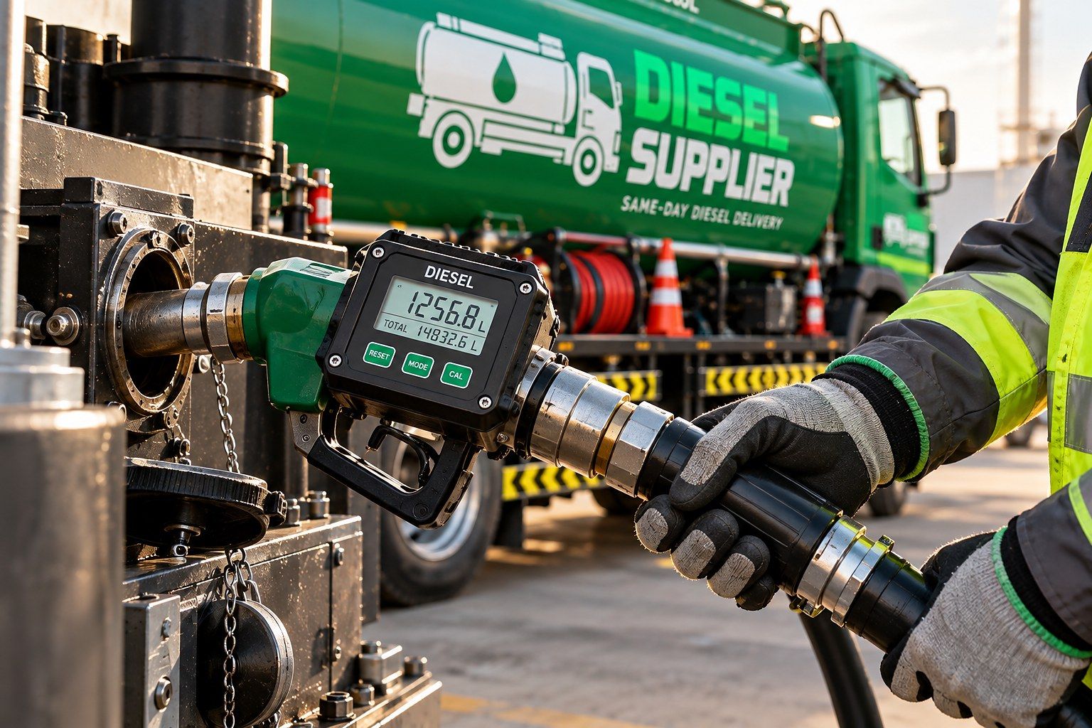 Gloved hand holding a diesel delivery nozzle with a digital flow meter in front of a green Diesel Supplier tanker truck