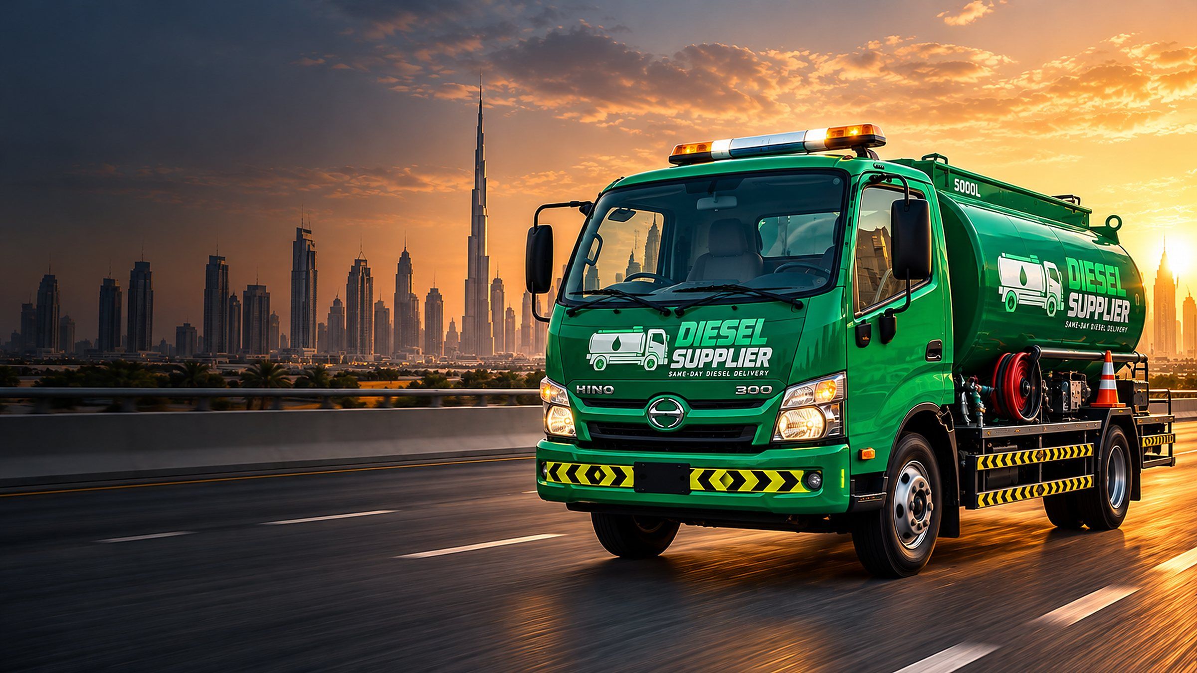 Green Diesel Supplier tanker truck driving on a Dubai highway at sunset with the city skyline behind