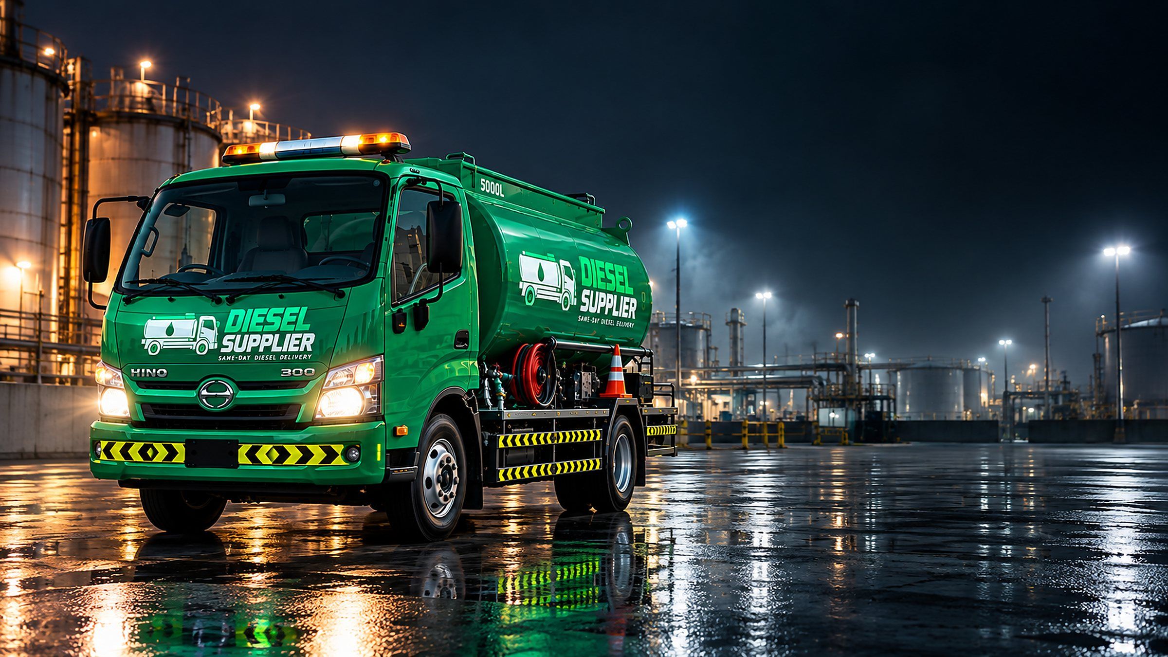 Green Diesel Supplier tanker truck with warning lights on, parked at an industrial fuel site at night