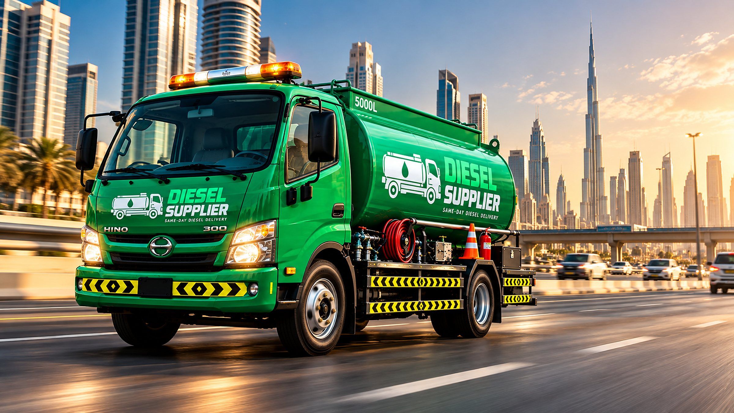 Green diesel delivery truck driving on a Dubai highway at sunset with the city skyline behind