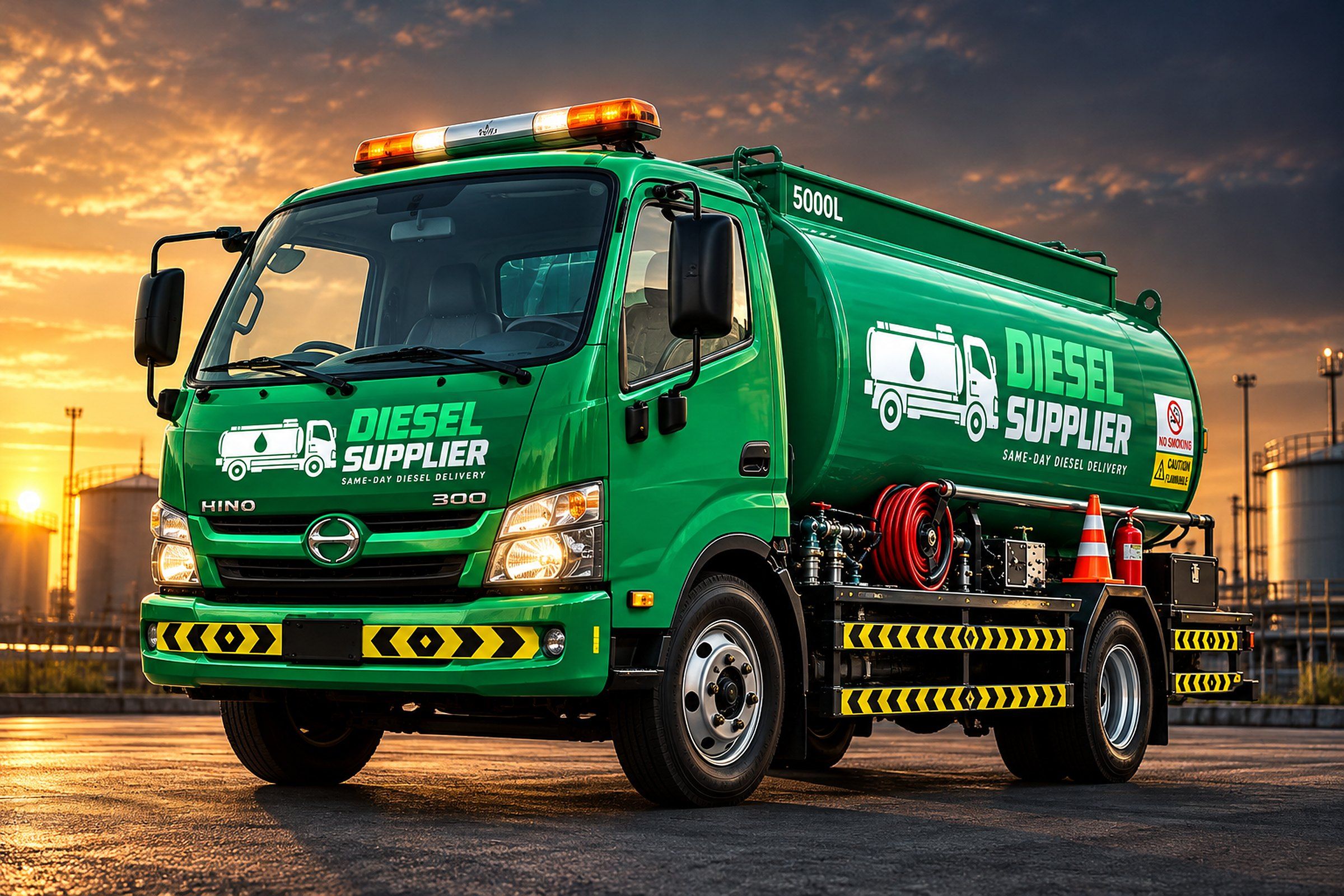 Green Diesel Supplier tanker truck with warning lights parked at sunset