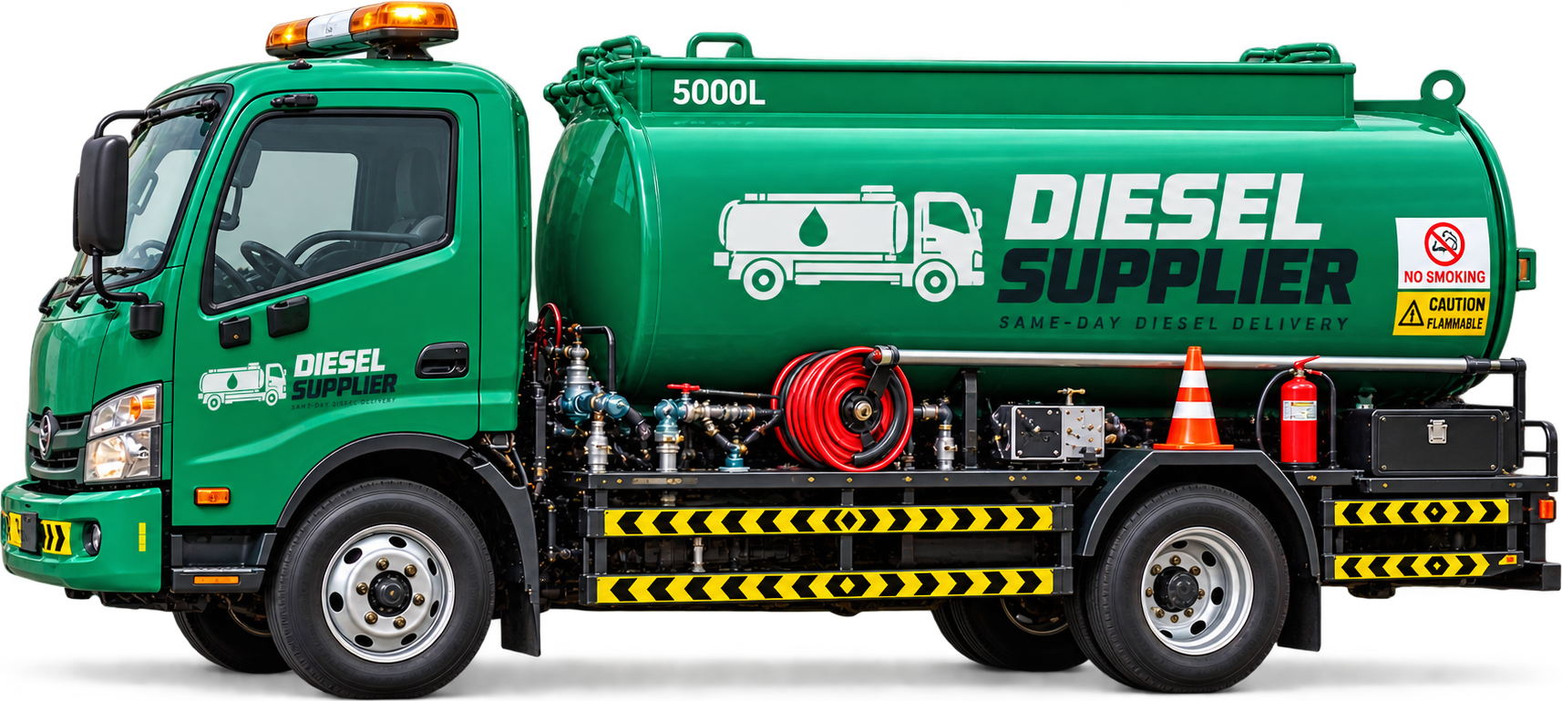 Side view of a green 5000 litre Diesel Supplier tanker truck